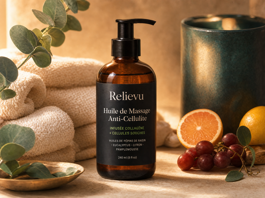 Flacon pompe d'Huile de Massage Anti-Cellulite Relievu sur une surface spa crème et amber