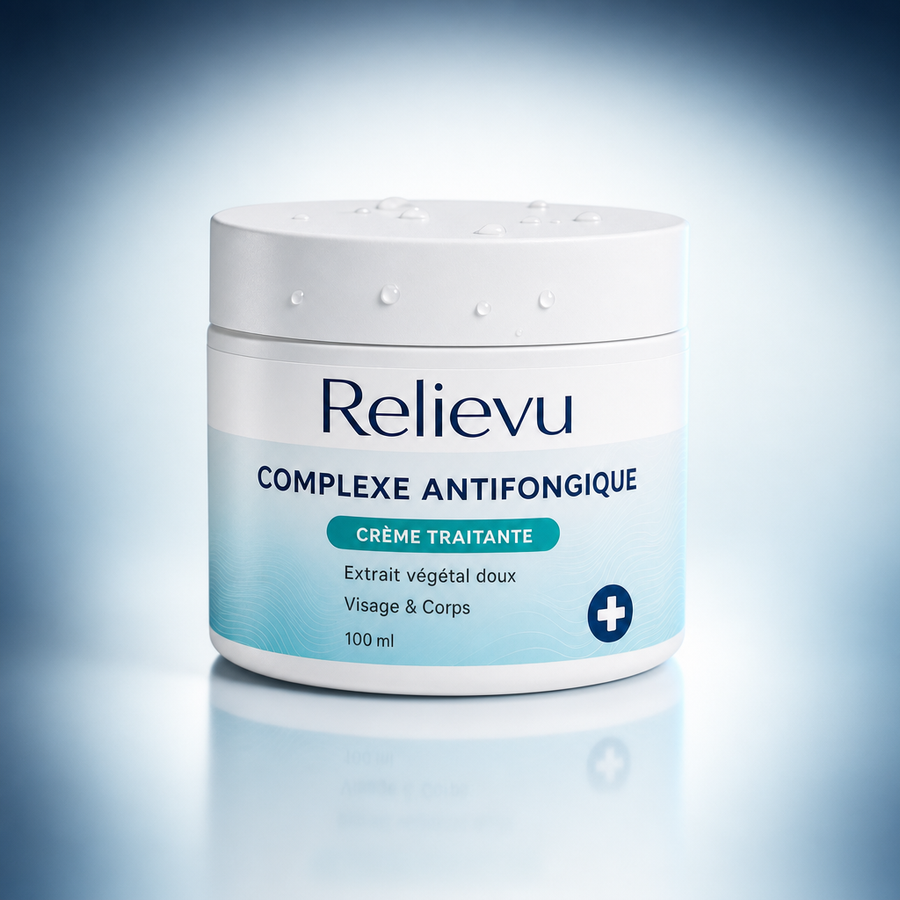 Pot de crème antifongique Relievu 100 ml sur fond dégradé bleu acier
