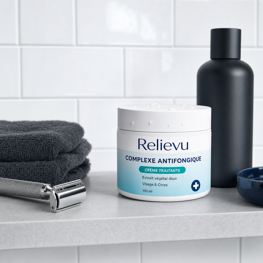 Étagère de salle de bain avec le pot de crème Relievu et des accessoires de rasage