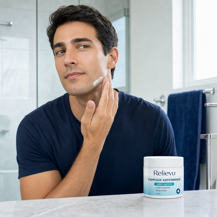 Homme appliquant la crème Relievu le long de la mâchoire