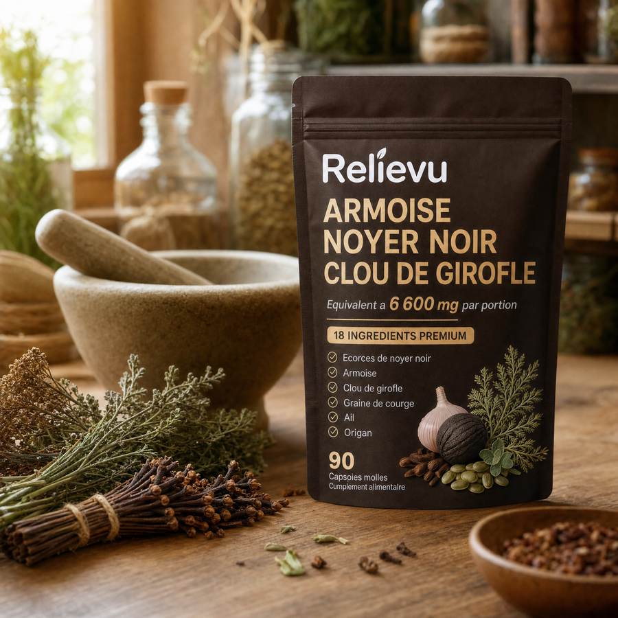 Gélules de plantes amères Relievu posées sur une table