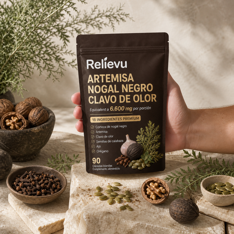 Cápsulas de plantas amargas Relievu colocadas sobre una mesa