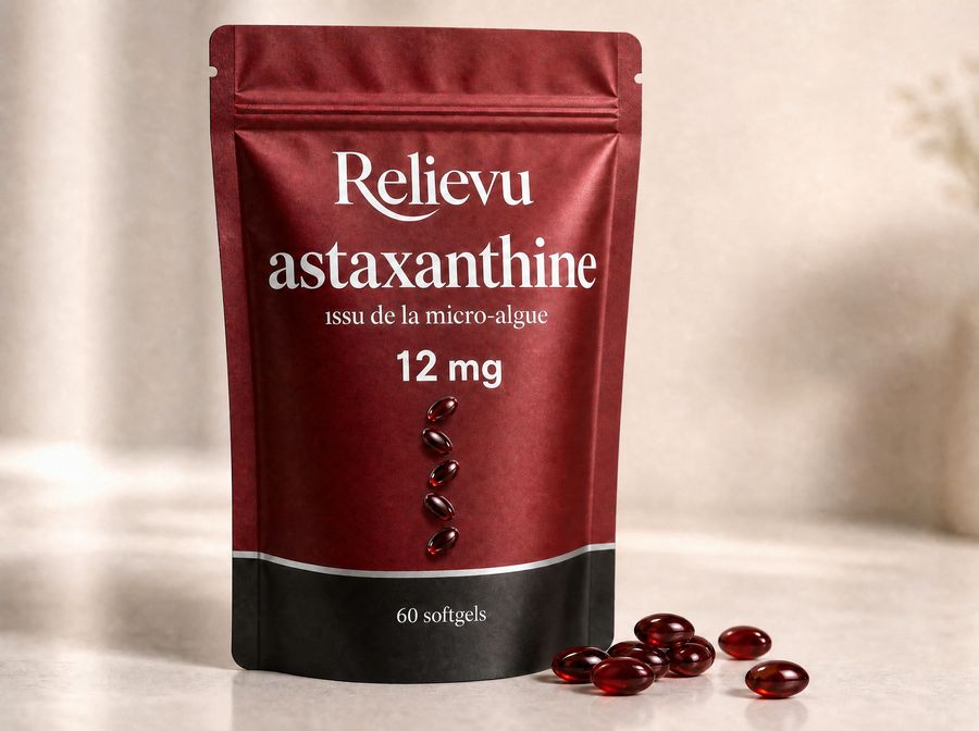 Sachet Relievu Astaxanthine 12 mg et softgels rouges sur fond clair