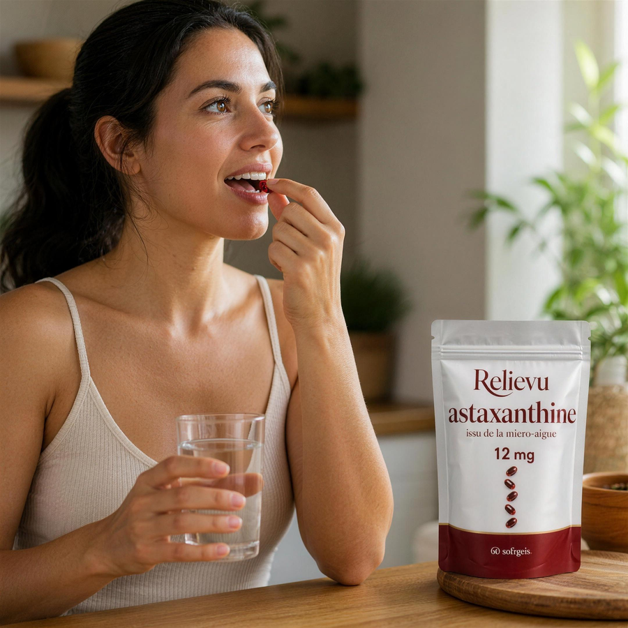 Format softgel Astaxanthine Relievu, deux softgels par jour avec un verre d'eau