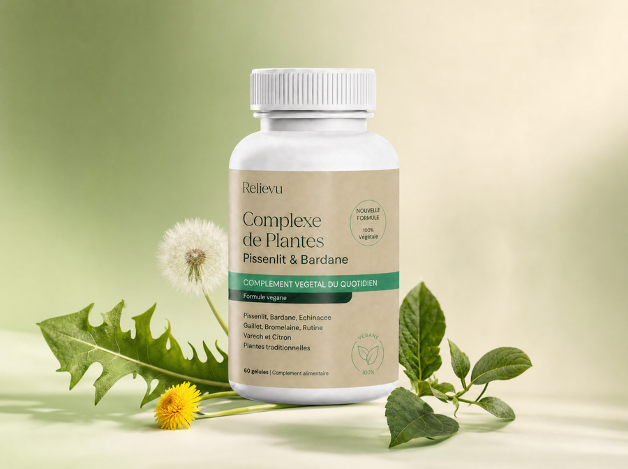 Flacon Relievu Complexe de Plantes Pissenlit et Bardane sur fond botanique vert et crème
