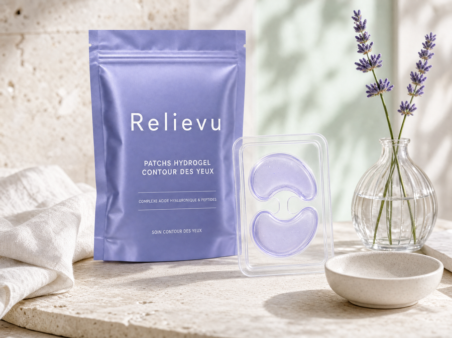 Pochette de patchs hydrogel contour des yeux Relievu avec deux patchs en gel et un brin de lavande