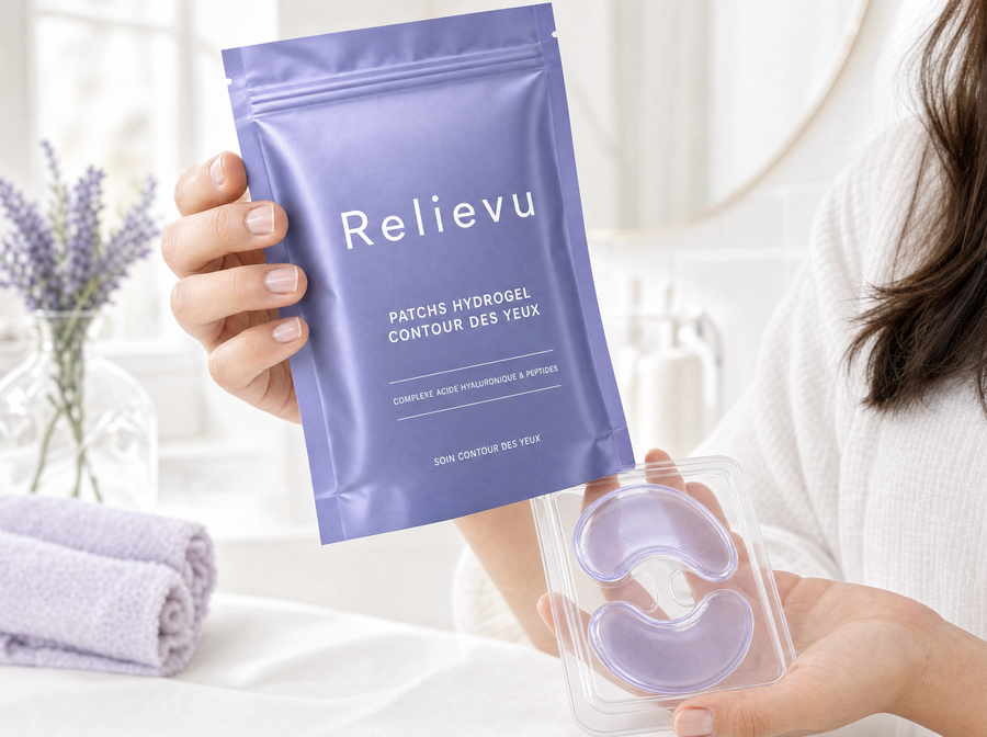 Main tenant la pochette de patchs hydrogel contour des yeux Relievu et la coque de deux patchs en gel