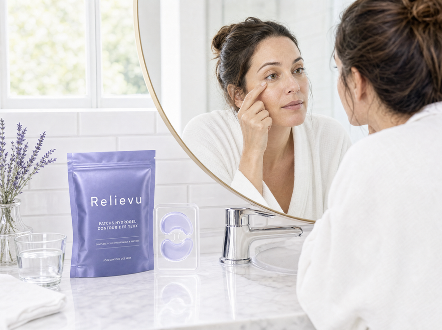 Femme observant le contour de ses yeux dans le miroir d'une salle de bain lumineuse, la pochette Relievu posée sur le plan de travail