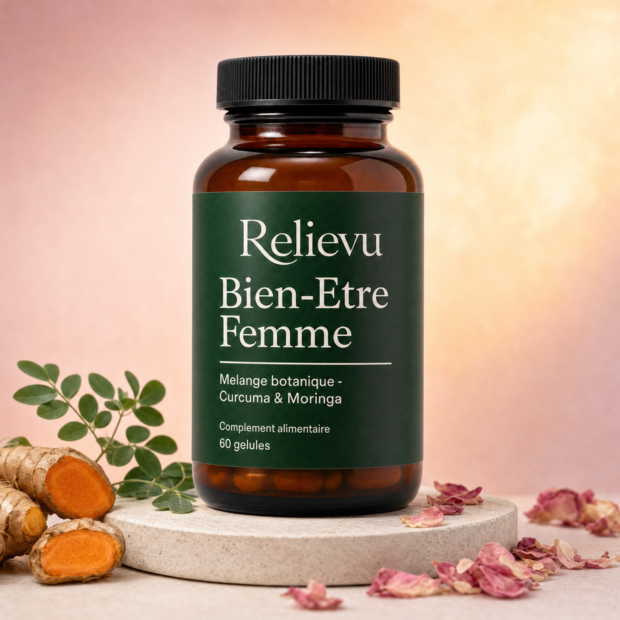 Flacon Relievu Bien-Être Femme au curcuma et moringa, sur fond rose et crème
