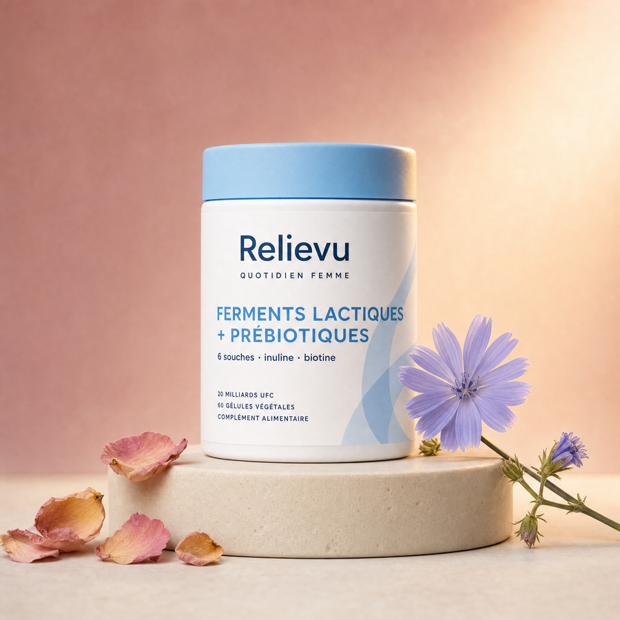 Flacon Relievu Ferments Lactiques et Prébiotiques Femme sur fond rose et crème