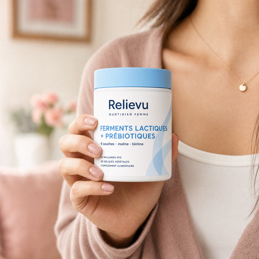 Main tenant le flacon Relievu Ferments Lactiques et Prébiotiques Femme