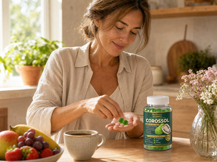 Femme prenant ses gommes au corossol au petit-déjeuner