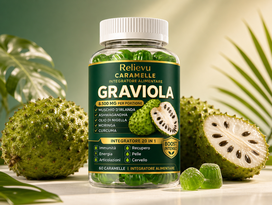 Barattolo di caramelle alla graviola Relievu 20-in-1 su sfondo sfumato verde e crema