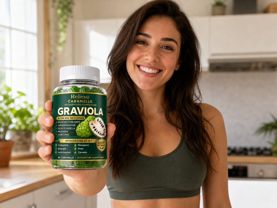 Donna sorridente con in mano il barattolo di caramelle alla graviola Relievu nella sua cucina