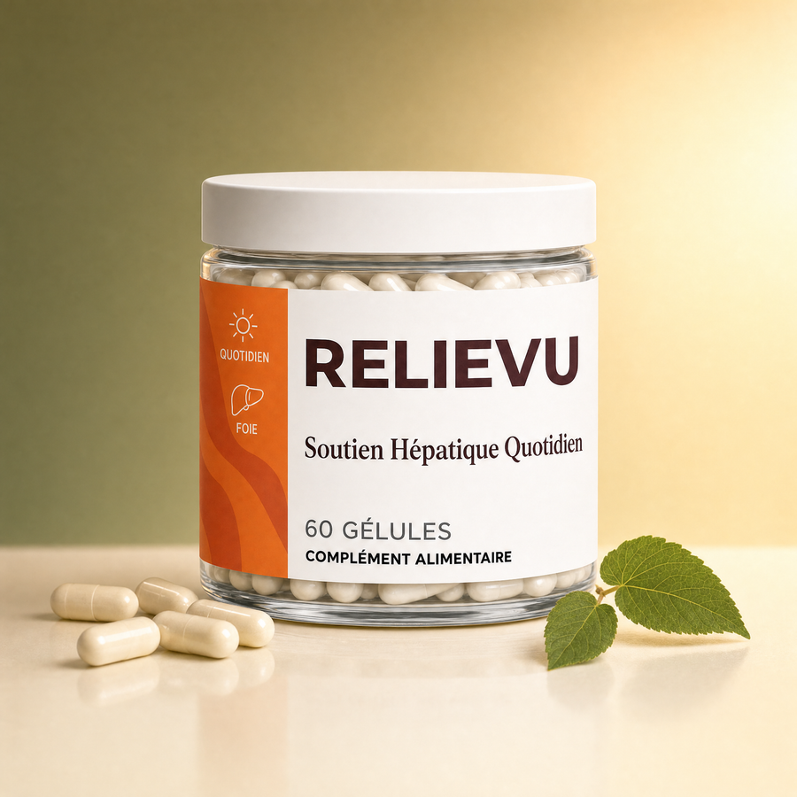 Pot Relievu 60 gélules végétales sur fond olive et crème