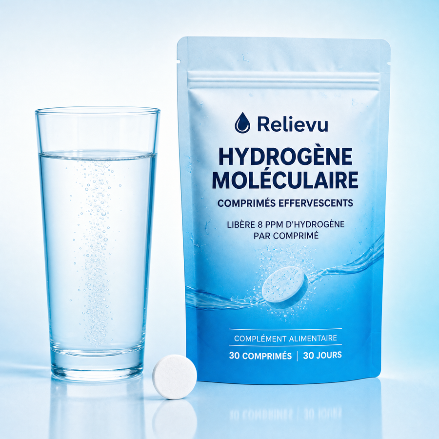 Sachet Relievu Hydrogène Moléculaire, verre d'eau et comprimé effervescent sur fond bleu dégradé