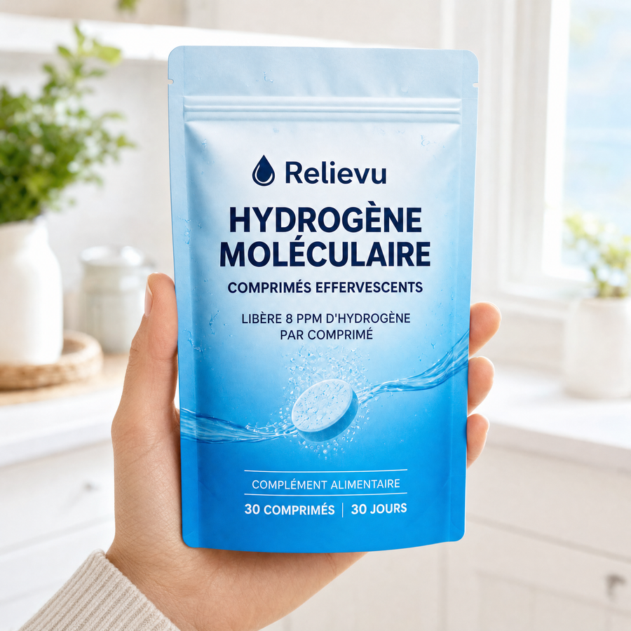 Main tenant le sachet Relievu Hydrogène Moléculaire dans une cuisine claire