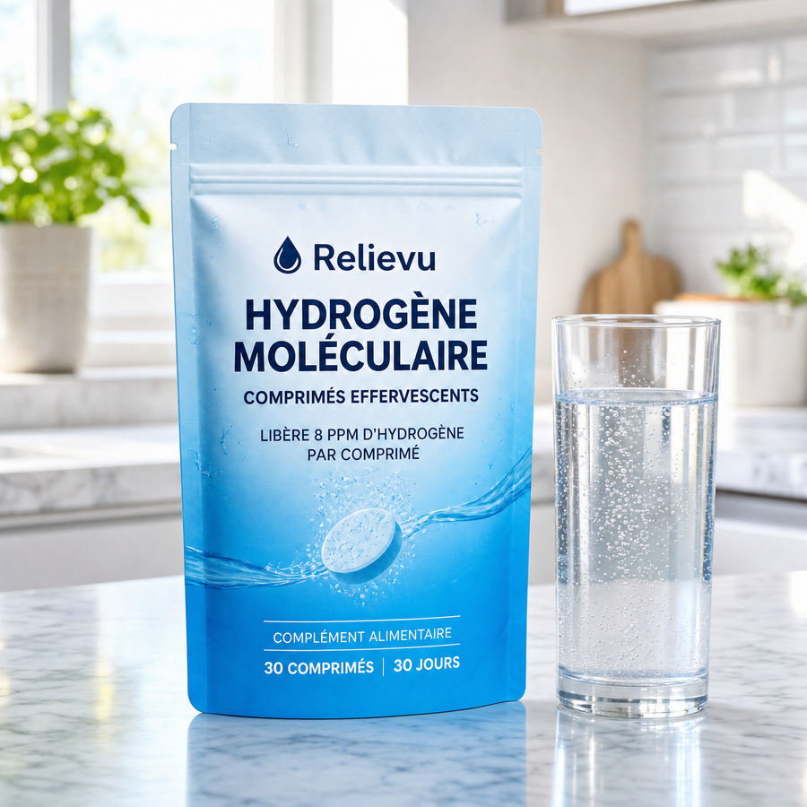 Sachet Relievu Hydrogène Moléculaire et un verre d'eau sur un plan de travail lumineux