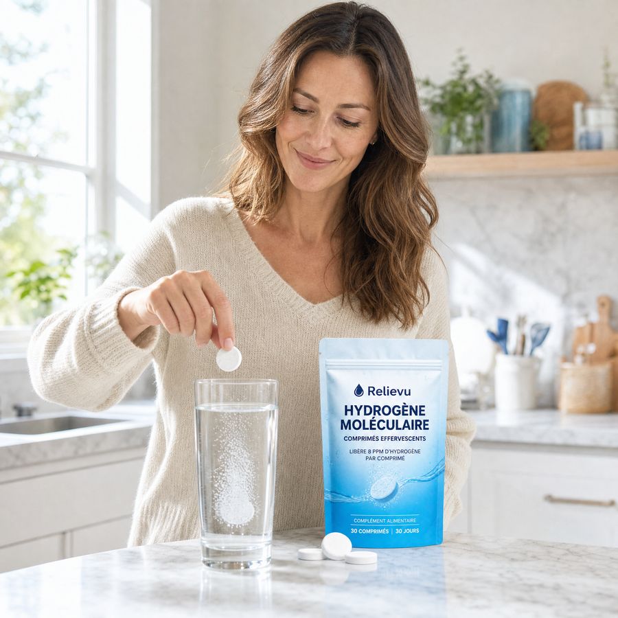 Femme déposant un comprimé effervescent Relievu dans un verre d'eau le matin