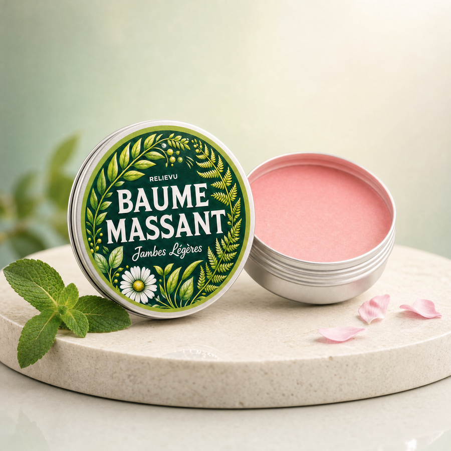 Boîtier de baume de massage jambes légères Relievu ouvert et fermé sur fond vert d'eau et crème