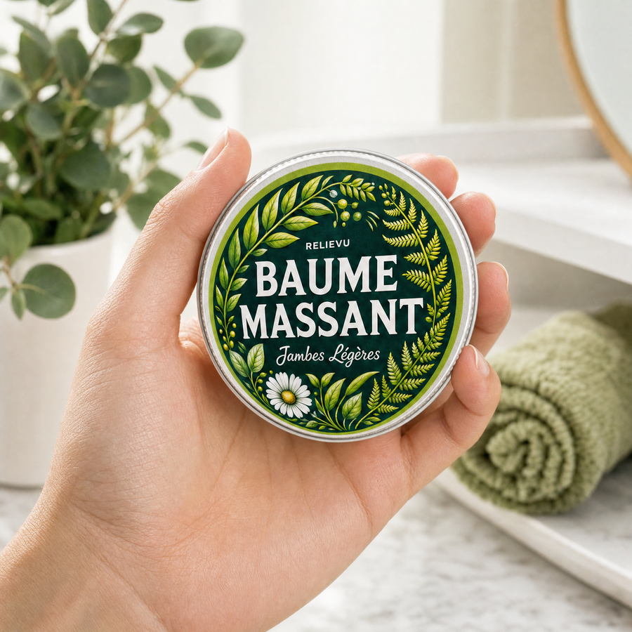 Main tenant le boîtier rond de baume de massage Relievu