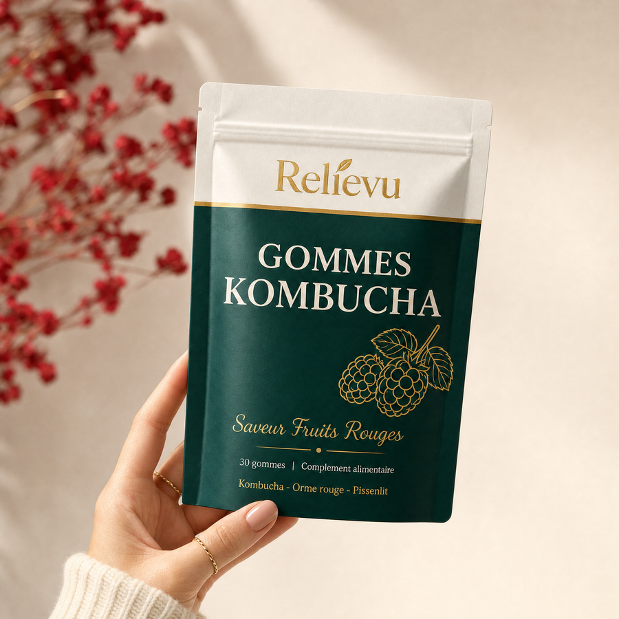 Femme souriante savourant une gomme au kombucha Relievu saveur fruits rouges