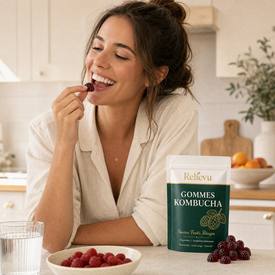 Femme savourant sa gomme au kombucha Relievu au quotidien