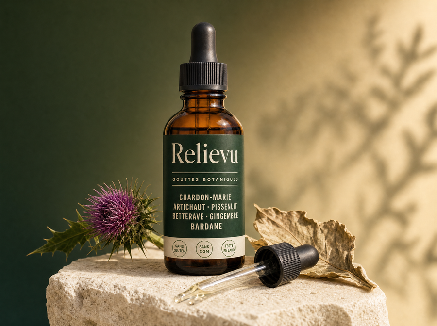 Flacon compte-gouttes Relievu Gouttes Botaniques 60 ml sur fond dégradé vert forêt et crème