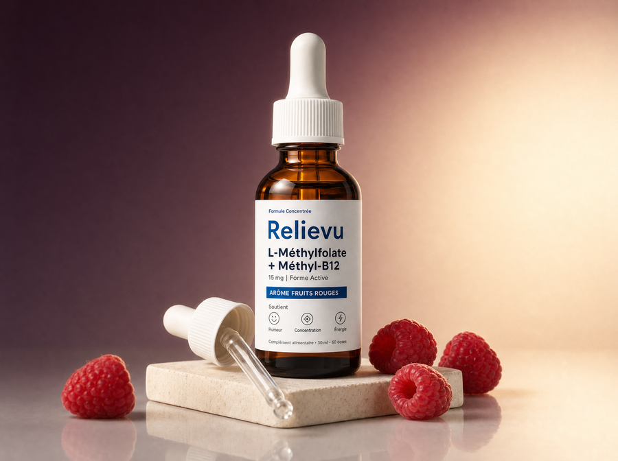 Flacon compte-gouttes Relievu L-Méthylfolate et Méthyl-B12 avec des framboises