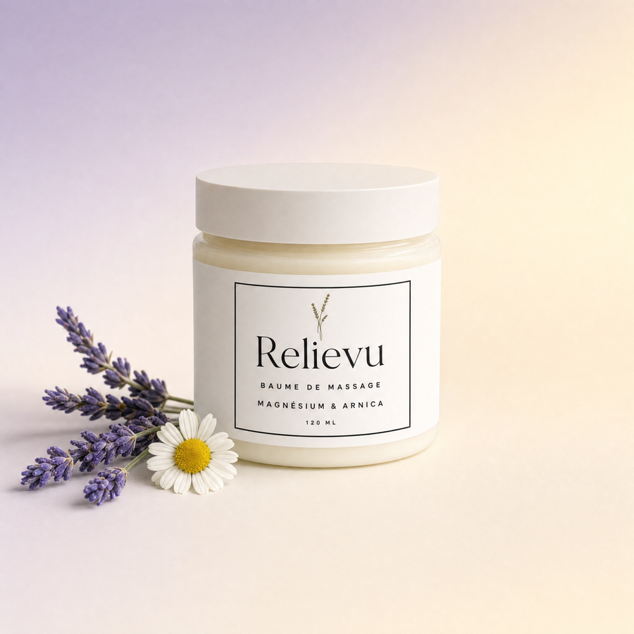 Pot de Baume de Massage Relievu 120 ml sur fond dégradé lavande et crème, brins de lavande et fleur de camomille