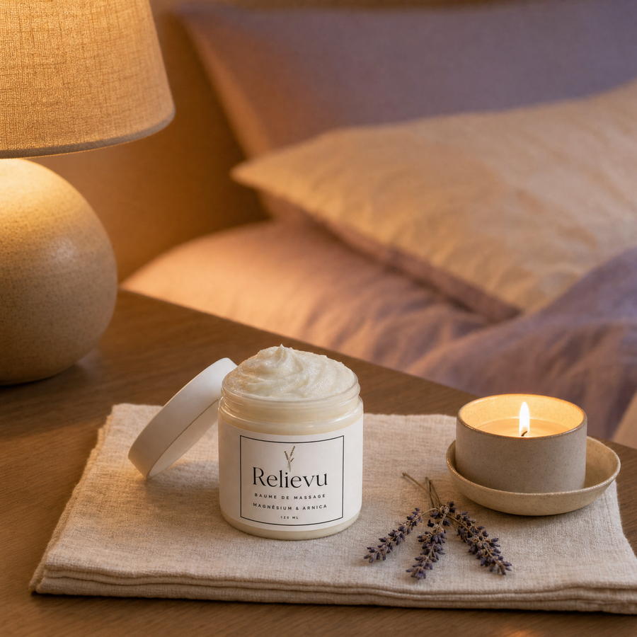 Pot de baume de massage Relievu posé sur une table de chevet, bougie allumée et lavande séchée