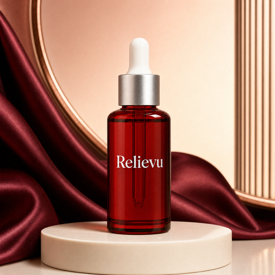 Flacon compte-gouttes rouge du sérum raffermissant Relievu 30 ml sur un socle ivoire