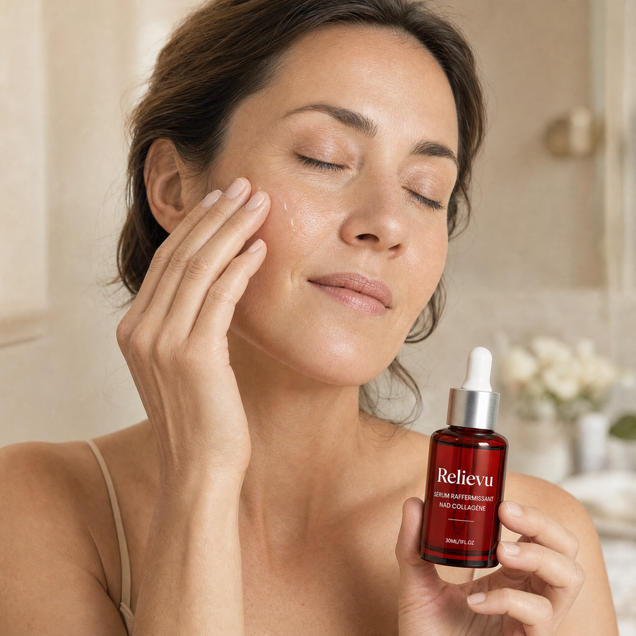 Femme appliquant le sérum raffermissant Relievu sur son visage le matin