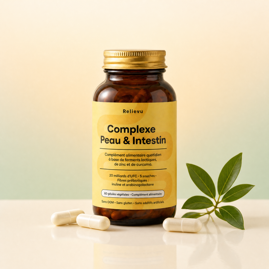 Flacon Relievu Complexe Peau & Intestin, 60 gélules végétales, sur fond ivoire et vert sauge
