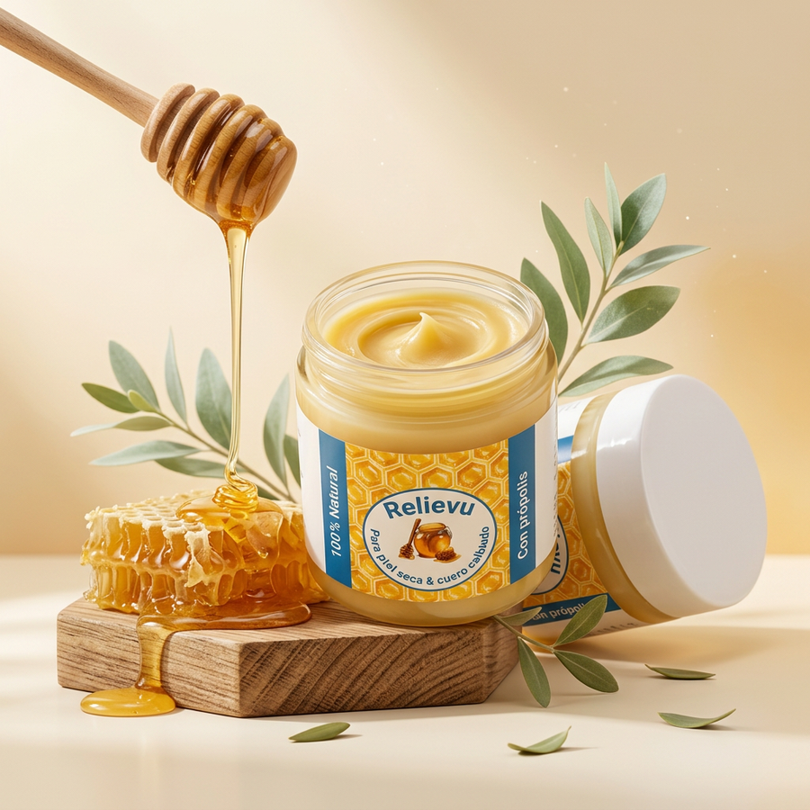 Tarro de la crema calmante con própolis Relievu sobre un fondo de miel y crema
