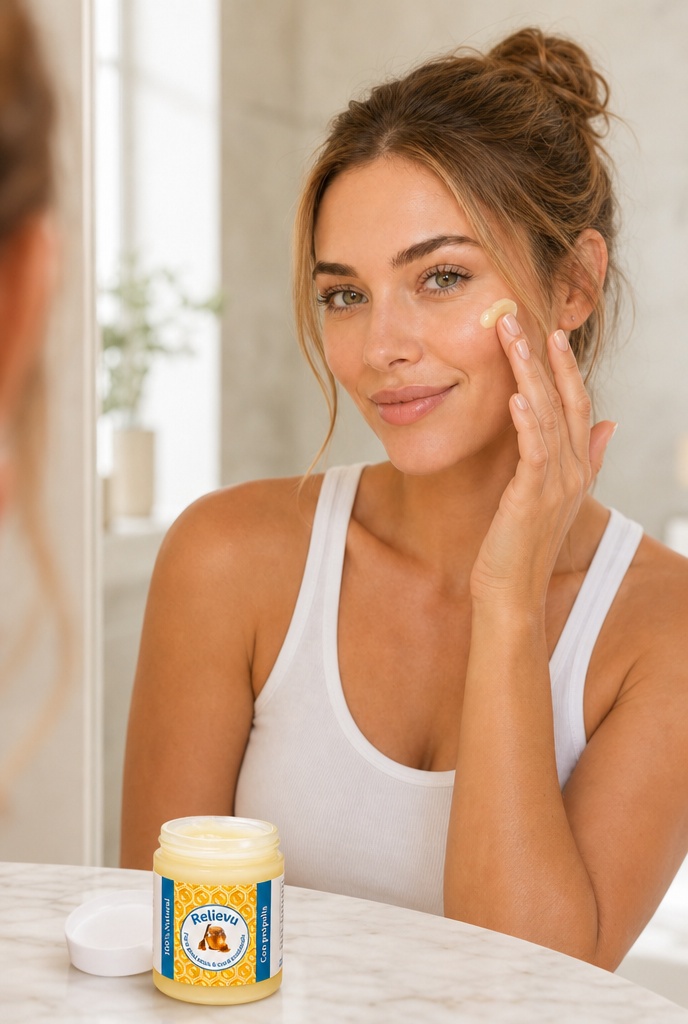 Mujer aplicándose la crema calmante Relievu en el rostro por la mañana