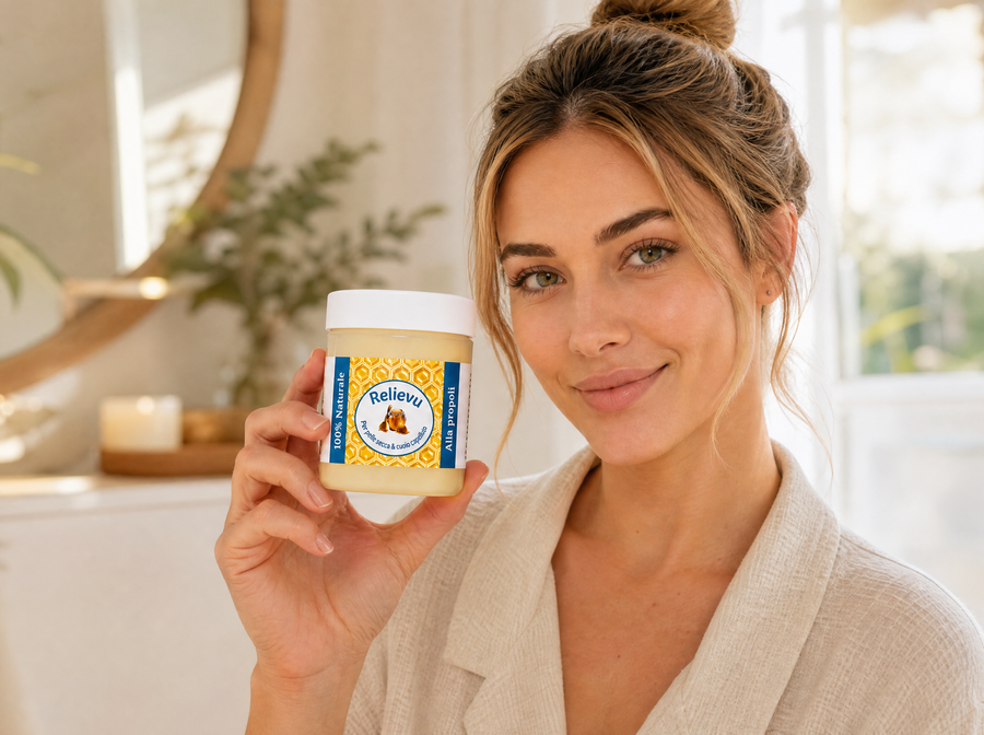 Donna sorridente che tiene il vasetto della Crema Lenitiva alla Propoli Relievu