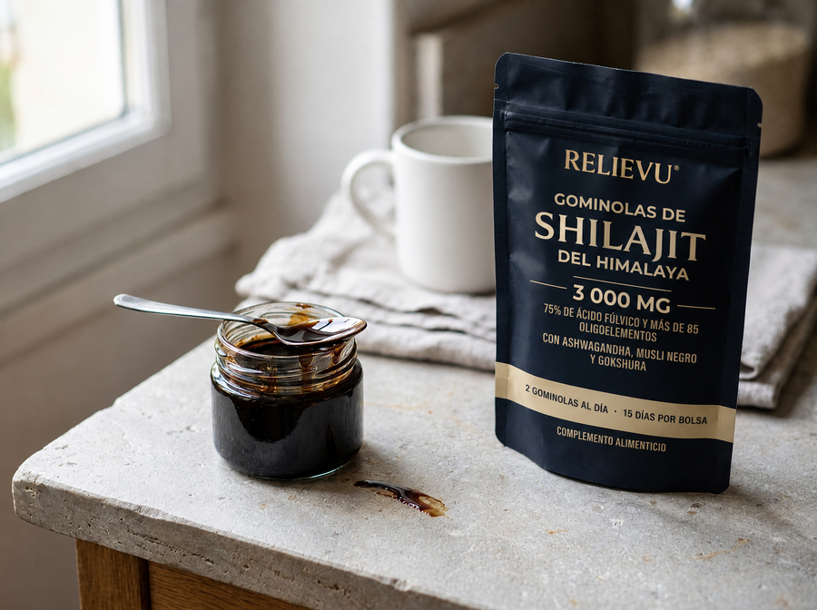 Abra el frasco de resina de shilajit y colóquelo junto a un paquete de gominola, sobre una superficie de trabajo liviana.