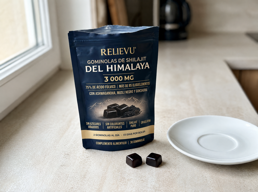 Bolsita Relievu de gominolas shilajit del Himalaya colocada en posición vertical sobre una superficie de trabajo liviana