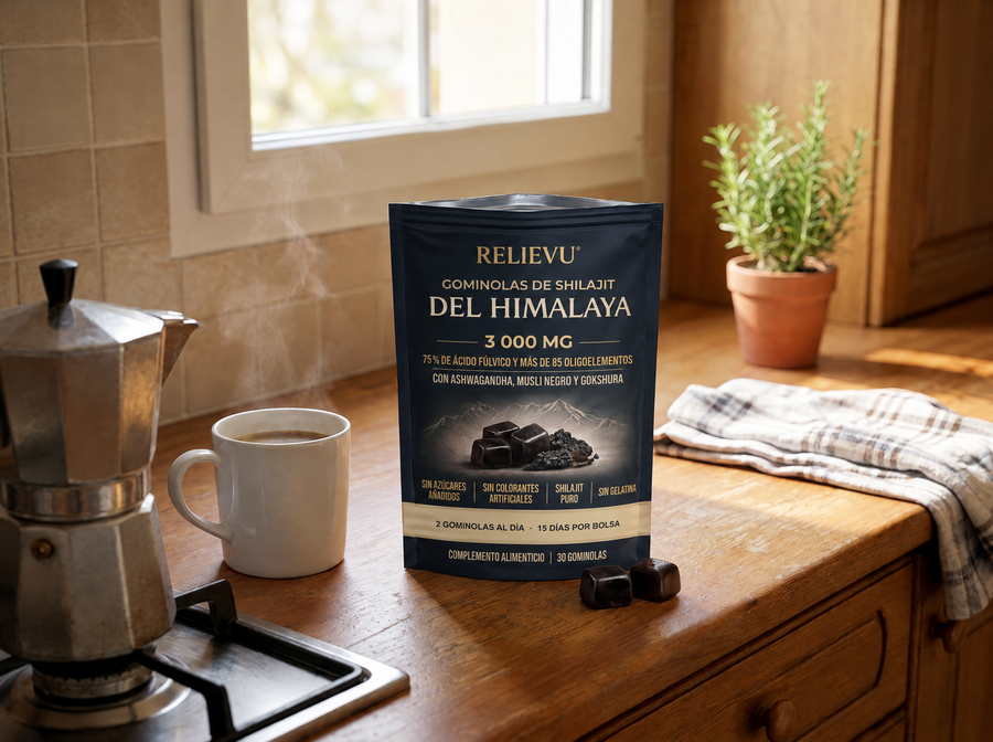 Bolsita Relievu de gominolas shilajit colocada sobre una encimera de cocina por la mañana, cerca de una cafetera italiana