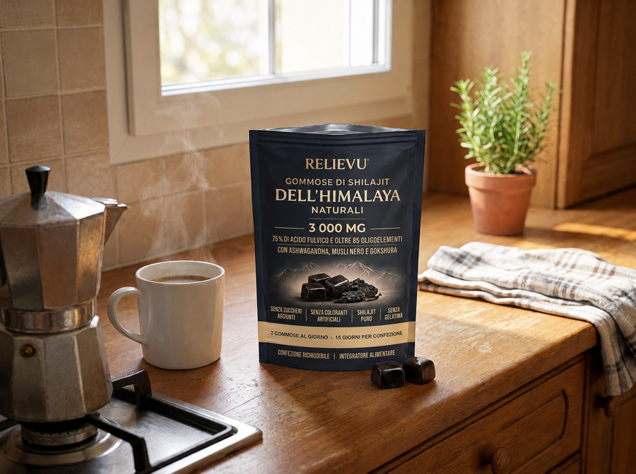 Bustina Relievu di gommose shilajit posizionata sul piano di lavoro della cucina al mattino, vicino a una caffettiera italiana