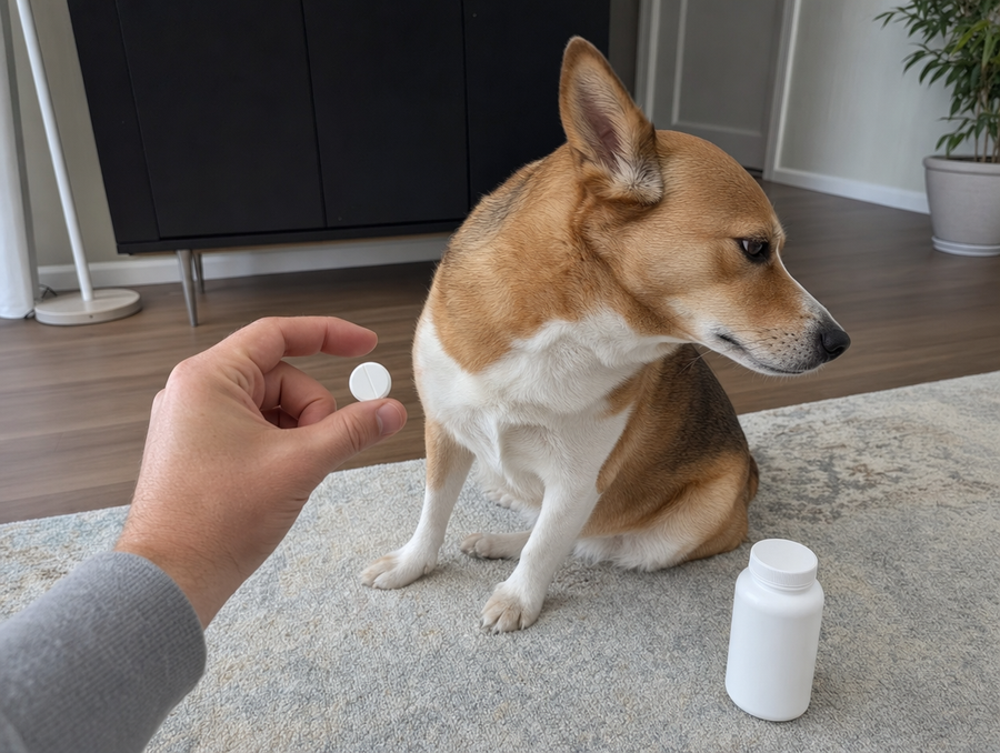 Chien refusant un gros comprimé