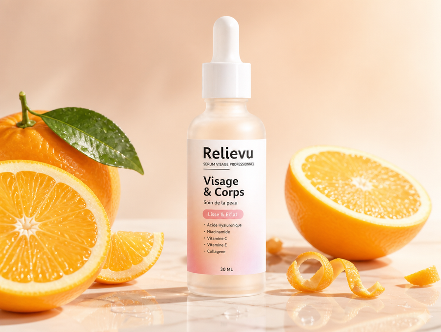Flacon du sérum vitaminé Relievu sur fond crème et pêche lumineux