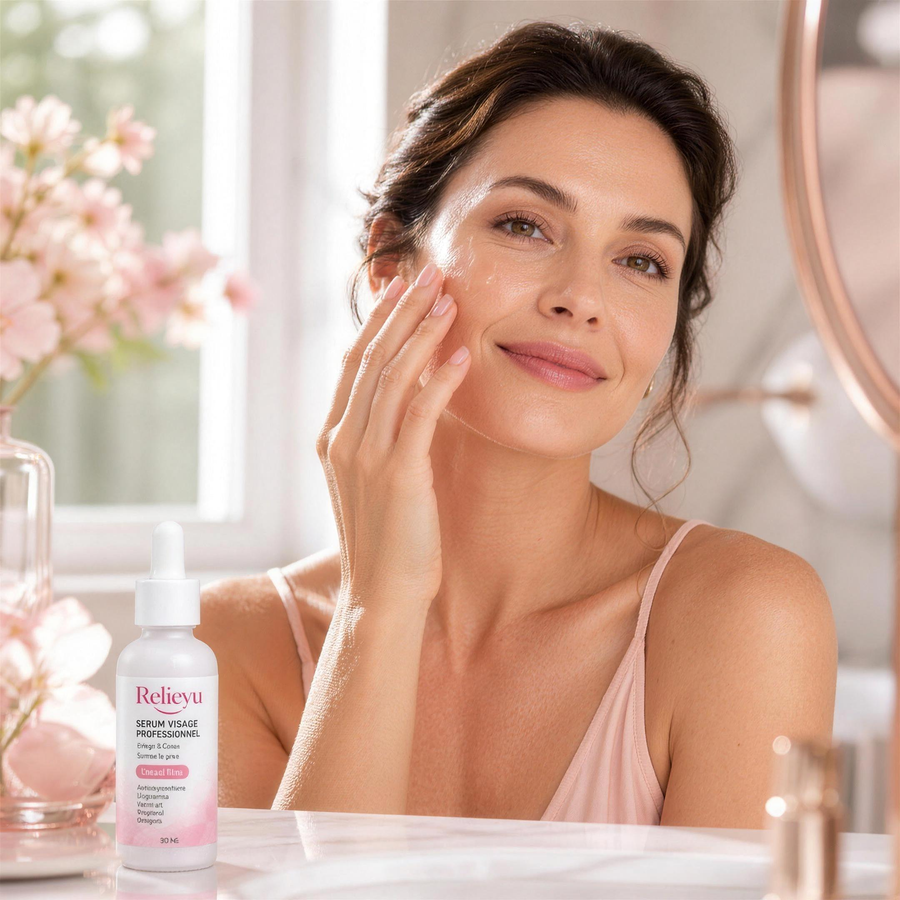 Femme appliquant le sérum vitaminé Relievu dans sa salle de bain