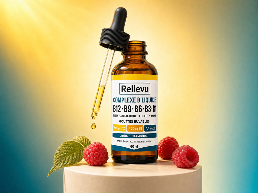 Flacon de Complexe B Liquide Relievu sur fond dégradé jaune soleil et bleu canard