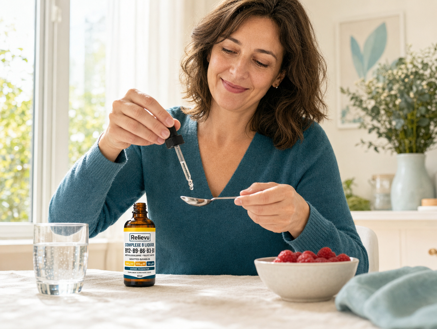 Femme prenant ses gouttes de complexe B avec un verre d'eau au petit-déjeuner