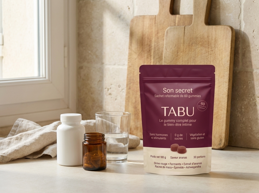 Sachet refermable de gommes Relievu sur un plan de travail de cuisine, à côté d’un flacon de gélules et d’un verre d’eau