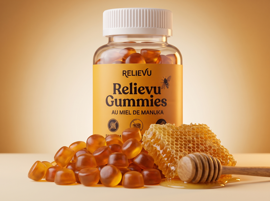 Flacon de gommes au miel de Manuka sur fond ambré et crème