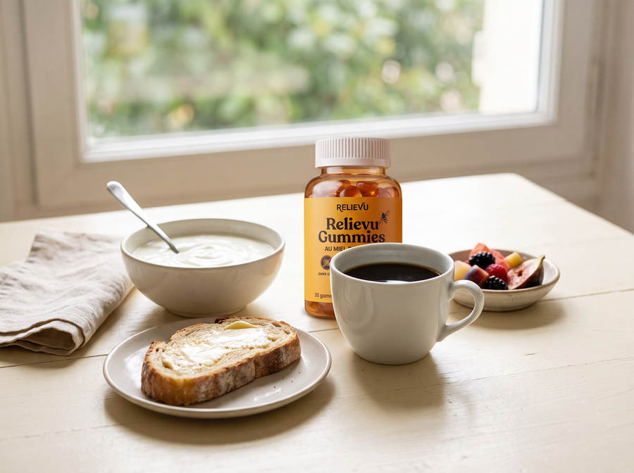 Flacon de gommes au miel de Manuka posé près d'un petit-déjeuner