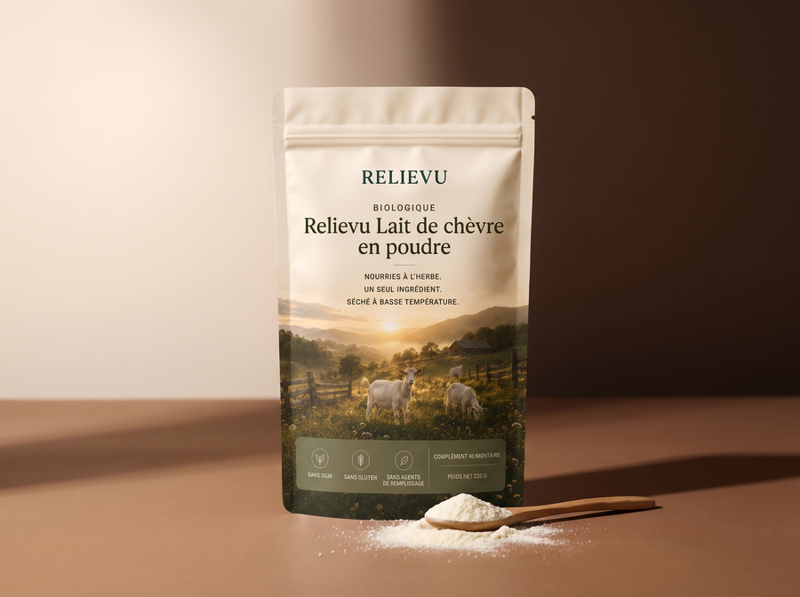 Sachet Relievu Lait de chèvre en poudre sur fond crème et brun
